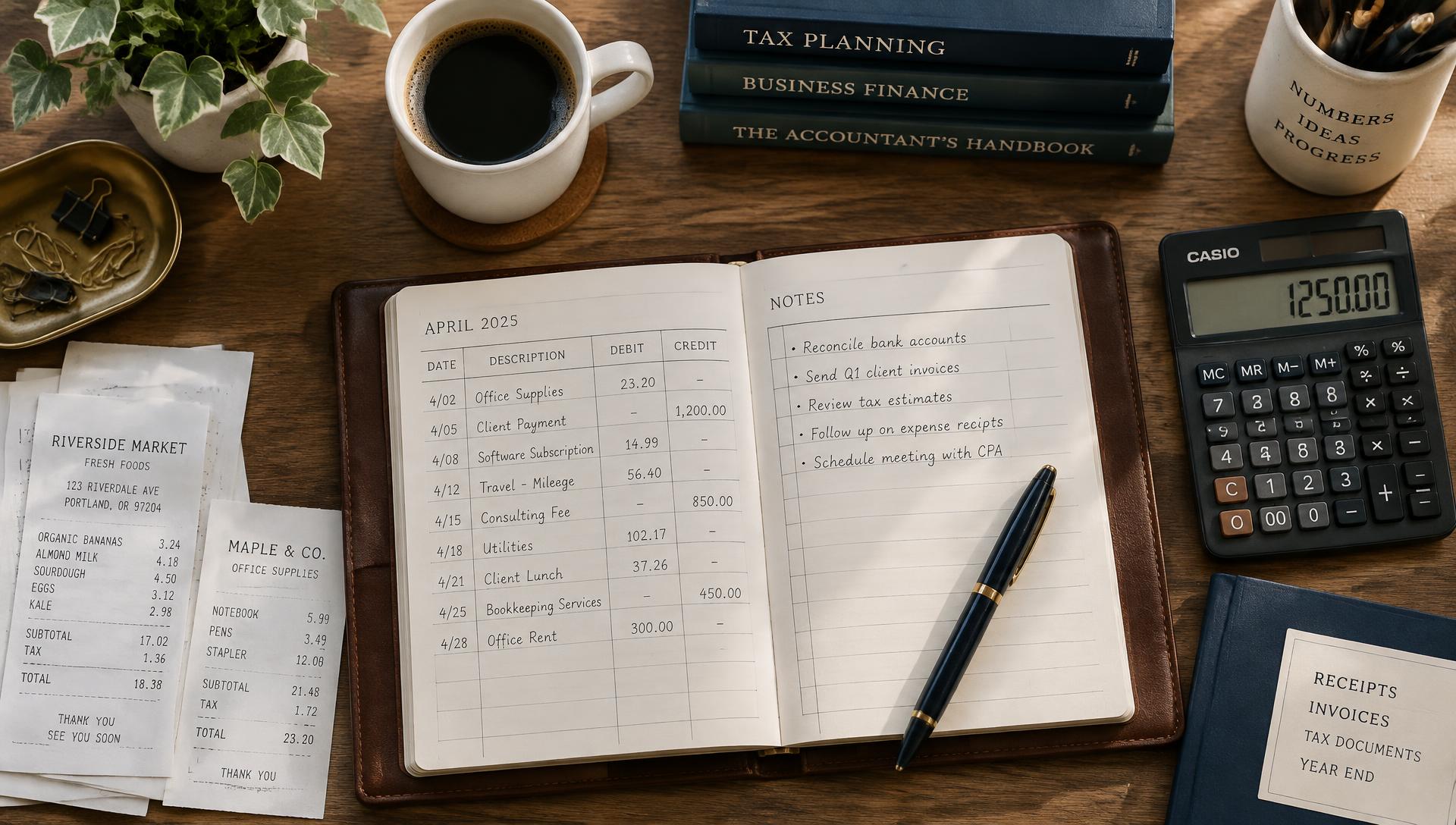An open accounting ledger with receipts, a calculator and a pen on a desk